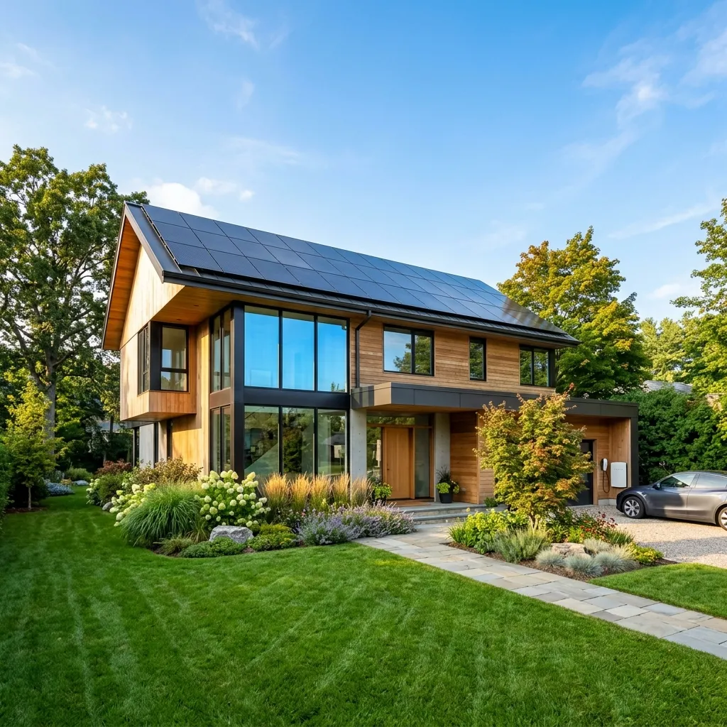 A sleek modern home equipped with rooftop solar panels in Uttar Pradesh